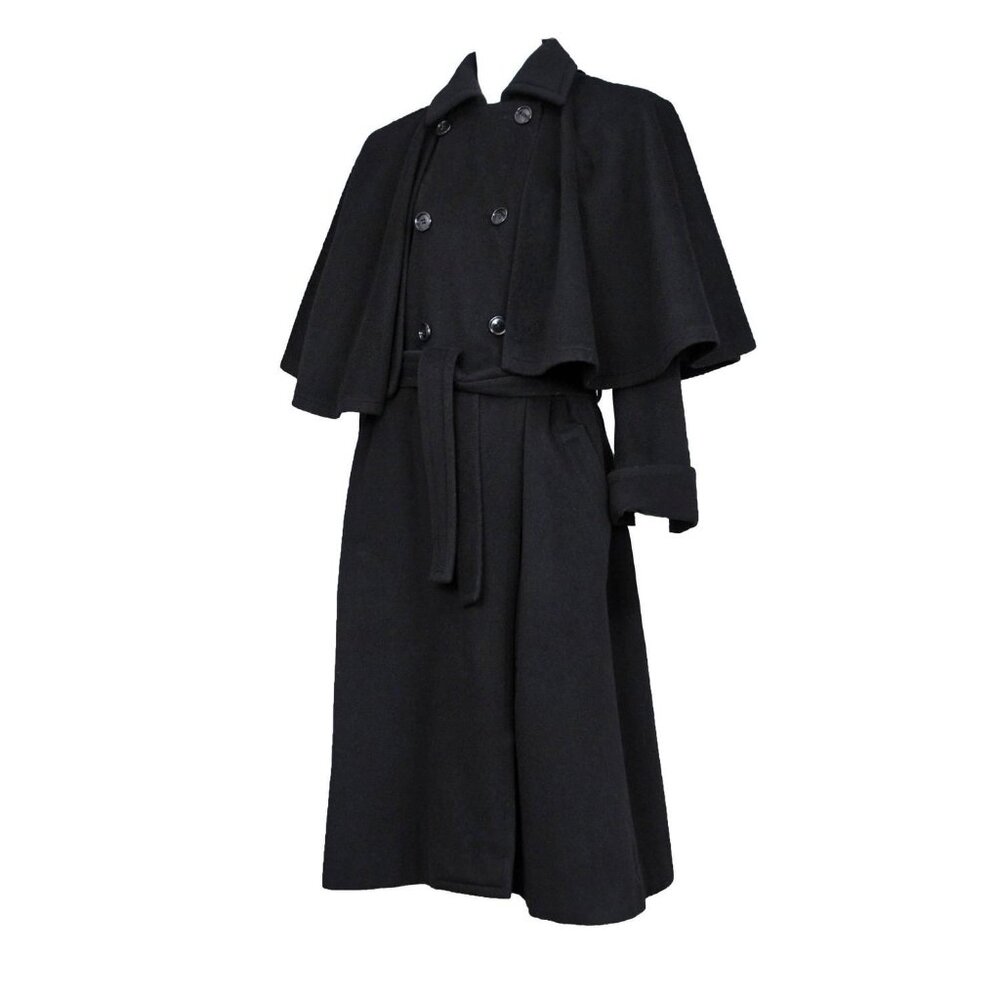 Yves Saint Laurent YSL Rive Gauche 70s Black Cape Hood Scarf Wool Trench Coat 38
